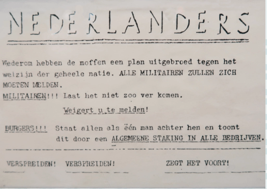 flyer of oud krantenknipsel met daarin een oproep om te gaan staken 